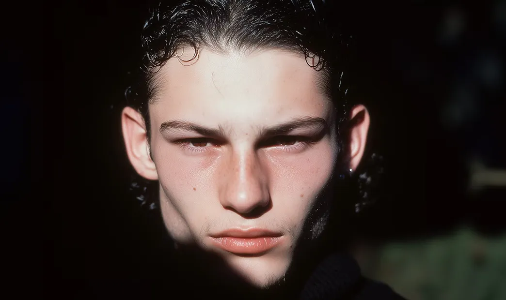 Close-up of a young man with dark hair looking intensely at the camera against a dark background.